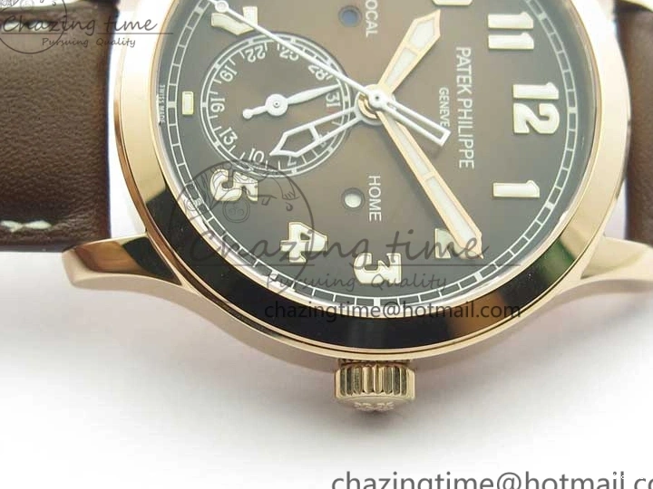MIROTIME 0510 ZipUp Calatrava 5524R Pilot Travel Time RG GRF Brown Dial on Brown Leather Strap A324 V 7110
